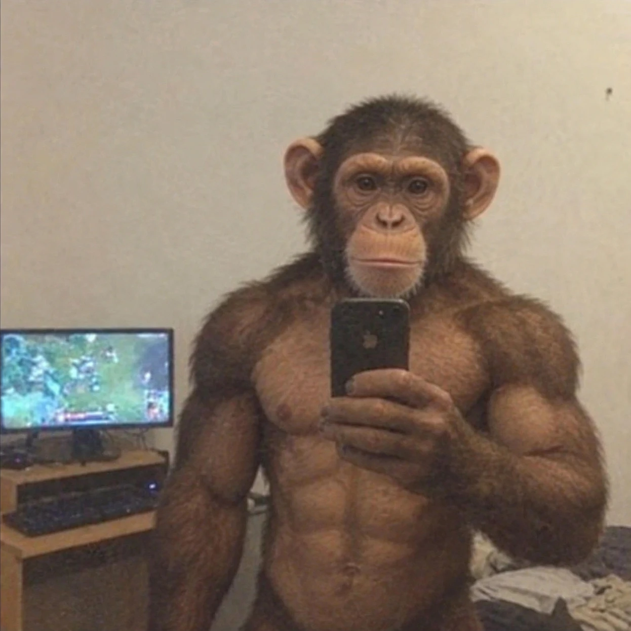 A muscular chimpanzee taking a mirror selfie in a beige room